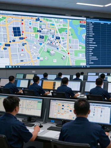 Interior of a high-tech logistics control center with multiple glowing screens displaying GPS tracking maps, professional operators in deep blue uniforms monitoring cargo, sharp technical grid