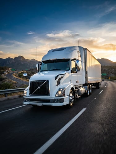 Low-angle heroic shot of a clean, modern white tractor-trailer truck moving on a Mexican highway at dawn, crisp morning light reflecting on metallic surfaces, sharp commercial photography style.