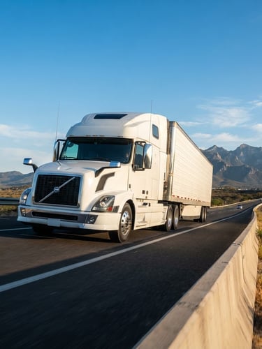 Heroic low-angle shot of a clean, modern white tractor-trailer on the high-speed highway between Guadalajara and Culiacan, crisp morning sunlight reflecting off metallic surfaces, technical vector route lines subtly overlaid, cinematic 21:9 feel.