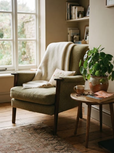 A comfortable single armchair in a warm, quiet room with soft natural window light, a green plant in a ceramic pot nearby, 35mm film style