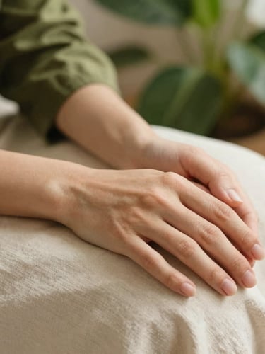 Medium close-up of hands resting gently on a soft linen fabric, warm indirect daylight, green indoor plants blurred in the background, warm editorial photography style, 35mm, shallow depth of field.