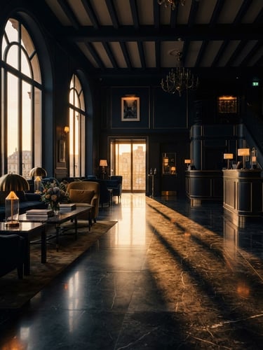 Cinematic low-key shot of an empty luxury boutique hotel lobby, golden hour window light reflecting off polished marble floors, deep navy shadows, 35mm.