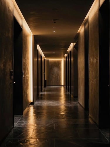 Cinematic dramatic low-key lighting shot of a modern luxury hotel corridor with warm gold light reflecting off polished dark stone floors, architectural lines leading the eye forward.