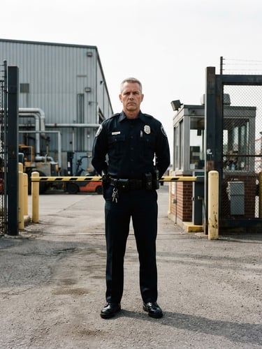 A disciplined security supervisor in a dark navy uniform standing at attention near an industrial gate, sharp daylight, high contrast, 35mm lens
