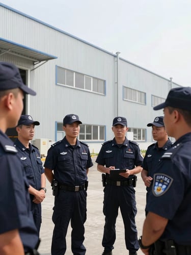 A structured morning shift briefing of security personnel in navy uniforms outside a modern factory warehouse, bright daylight, 35mm lens