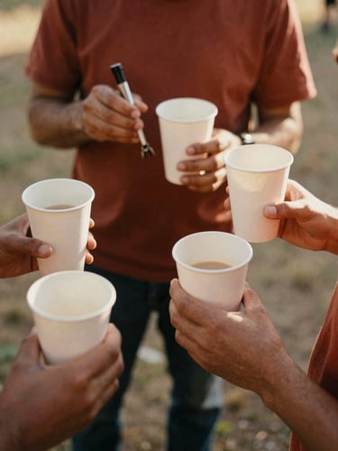 Close-up shot of hands holding tools and coffee cups during a community outreach project, warm natural golden-hour light, rich terracotta and sand tones, candid 35mm film feel.