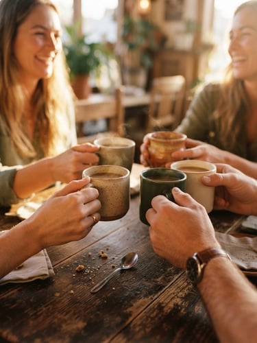 Candid close-up of hands holding warm ceramic mugs of coffee around a rustic wooden table, soft laughter visible in the background, warm natural golden-hour light, rich earthy tones, 35mm film feel