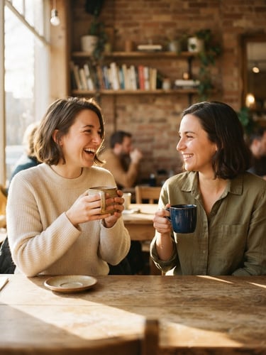 A candid medium shot of two people talking warmly in a sunlit room, holding ceramic mugs, soft natural golden-hour light, rich earthy tones, 35mm film feel.