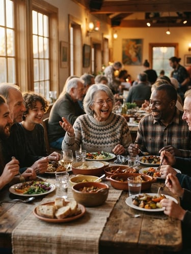 Candid medium shot of community members sharing a meal around a rustic wooden table, warm golden hour light filtering through windows, earthy tones, 35mm film feel