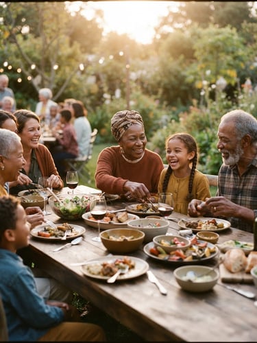 Warm editorial portrait of multi-generational community members sharing a meal at a long wooden table, soft natural golden-hour light, rich earthy tones, candid 35mm film feel.