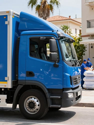 Profile of a modern blue moving truck parked on an Antalya street under bright Mediterranean daylight, professional crew members in matching uniforms preparing high-quality wrapping materials in the background, sharp focus, 35mm