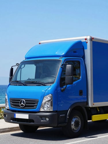 Bright commercial photography of a clean professional moving truck parked in Antalya under clear Mediterranean daylight, high-contrast blue tones
