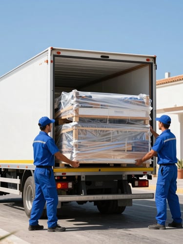 A professional moving team in matching blue uniforms carefully loading wrapped furniture into a modern truck, bright Mediterranean daylight