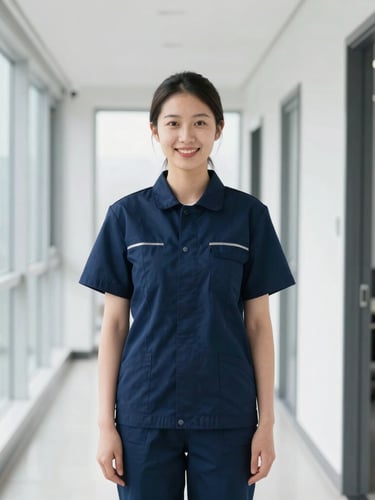 A friendly, professional commercial cleaning team member standing in a bright, clean office corridor, wearing a neat navy uniform, smiling, sharp focus