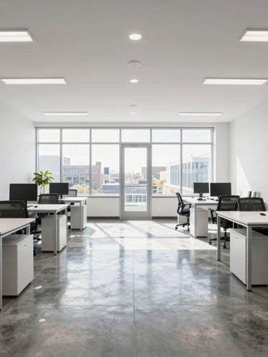 Wide-angle environmental commercial photography of a bright, clean modern office workspace in Saint Louis, natural window daylight reflecting off polished concrete floors, sharp focus.