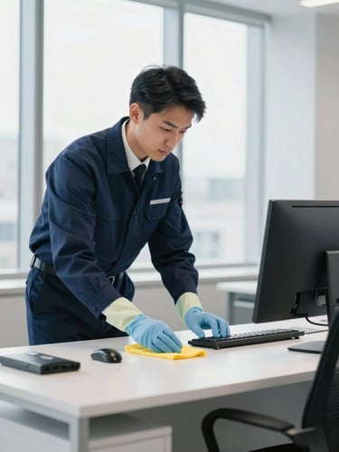 A professional commercial cleaner in a neat navy uniform sanitizing a modern St. Louis office desk, bright natural daylight, crisp cool tones