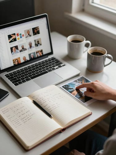 Close overhead view of a small agency table: open notebook with handwritten content calendar, laptop showing an Instagram grid in progress, two ceramic mugs with coffee residue, a hand reaching across to point at a printed photo — north-facing window light, warm documentary tone, no faces visible