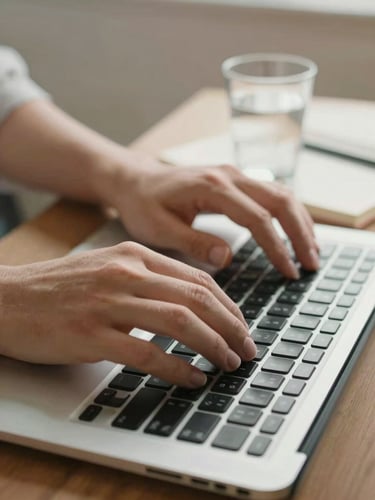 Close view of a person's hands typing on a laptop keyboard, a small glass of water and an open notebook beside it, diffuse north-facing daylight, focus on the hands mid-motion, soft warm background