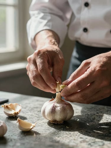 Portrait close-up of a chef's hands breaking apart a head of garlic on a stone surface, north-facing window light from the left, rich shadows, no face visible, documentary framing