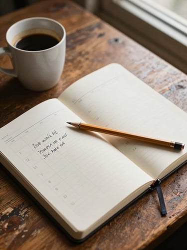 Close-up overhead view of an open notebook with handwritten content calendar on a worn wooden table, a half-empty coffee cup to the side, natural north-facing window light casting soft shadows across the pages, pencil resting mid-page