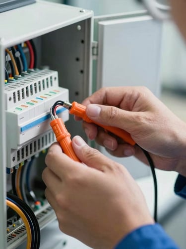 Close-up of a professional technician's hands in a clean blue uniform, carefully wiring a modern electrical panel with orange insulated tools, bright natural light.
