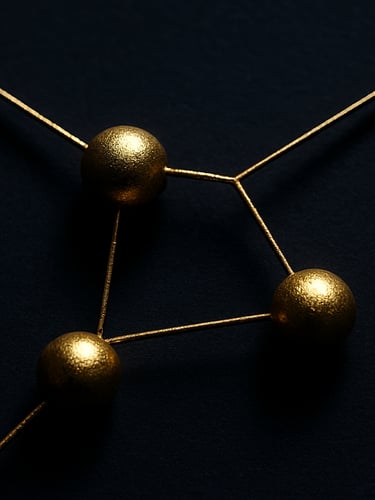 Overhead macro of three interconnected golden geometric nodes on a deep navy surface, fine line paths threading between each node, high-contrast directional studio light illuminating only the node intersections, surrounding field in shadow, no text, no human subjects.
