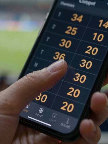 Extreme close-up of a hand tapping a live cricket betting slip on a smartphone screen, odds updating in amber numerals on a dark interface, stadium ambient light reflecting off the phone glass, fingers mid-motion
