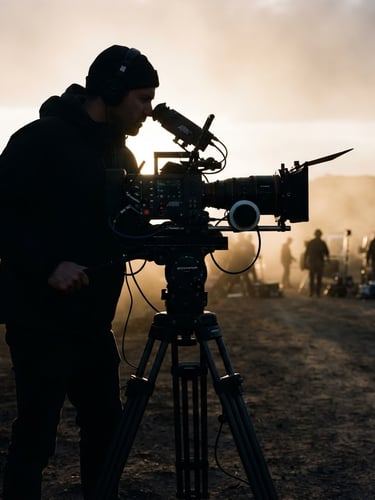 cinematic film photography, low-key dramatic chiaroscuro lighting, deep shadows, rich dark tones, anamorphic lens, 35mm. Dramatic silhouette of a film director behind a high-end cinema camera rig, golden hour backlight, haze