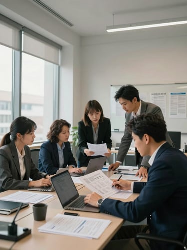 Wide-angle view of a working office interior, a finance team gathered around a desk reviewing printed spreadsheets and open laptops, natural window light streaming from the left, calm mid-morning atmosphere, no posed expressions