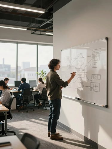 Wide environmental shot of an open-plan finance office, a team member standing at a whiteboard covered in structured diagrams, warm natural light from floor-to-ceiling windows on the left side, calm and focused atmosphere