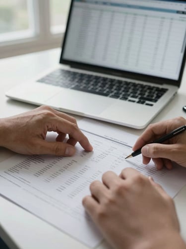 Close-up of hands turning through a printed financial report on a desk, a second open laptop showing a spreadsheet visible in soft focus behind, natural daylight from a nearby window, clean desk surface