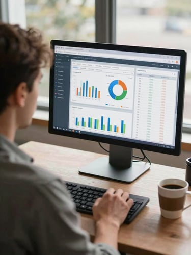 Over-the-shoulder view of a person at a window-side desk reviewing a financial dashboard on a large monitor, coffee cup to one side, natural morning light, focused and unhurried