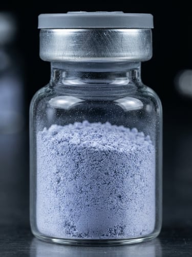 Clinical macro photograph of high-purity neodymium oxide powder inside a sterile glass vial, sharp studio lighting, cool metallic tones, 35mm