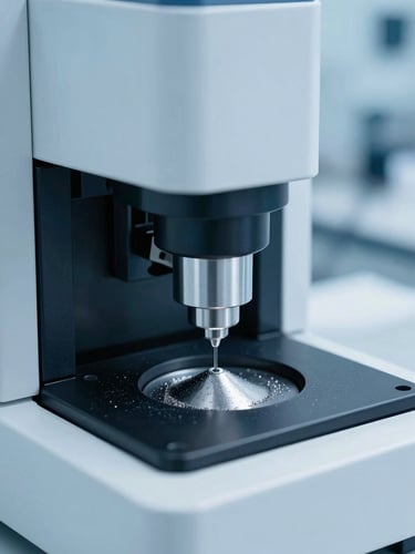 Clinical close-up of a laboratory mass spectrometer testing metal powder samples, cool blue lighting, sterile cleanroom environment, high-contrast details