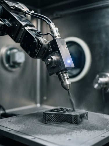 Clinical close-up of a robotic arm handling metal powder inside an inert gas chamber, sharp metallic reflections, cool blue indicator light, 35mm