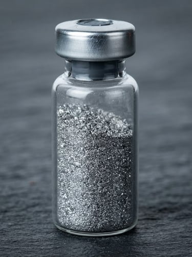 Macro studio photograph of high-purity titanium powder in a clinical glass vial, sharp metallic reflections, cool clinical lighting, slate background, 35mm