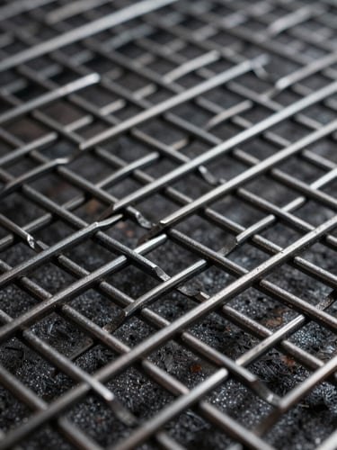 Macro texture shot of heavy-duty steel mesh, sharp geometric lines, dark metallic tones, dramatic side lighting, industrial product photography, 50mm lens
