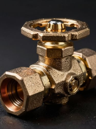 Macro shot of heavy-duty brass water valves and copper plumbing connections, glowing metallic sheen under dramatic side lighting, dark studio background.