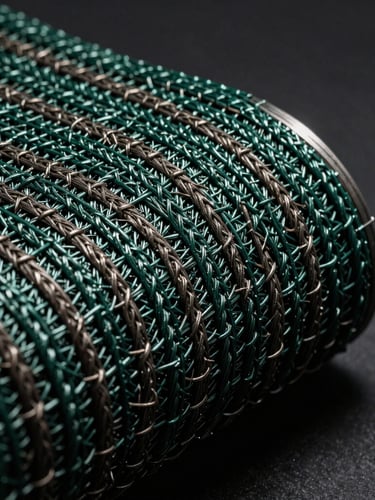Macro product photography of heavy-duty green and brown shade net weave, sharp focus on the interlocking plastic fibers, dramatic side lighting highlighting texture, neutral dark studio background.