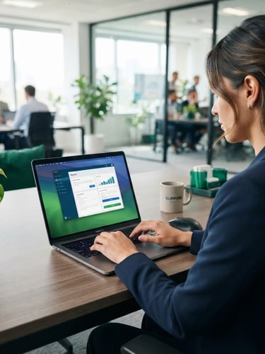 Over-the-shoulder shot of a professional support agent typing securely on a laptop, bright clean office daylight, emerald green accents, modern corporate style.