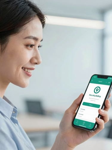 Portrait-oriented close-up of a smiling woman in her late 30s, looking confidently at her smartphone, which displays a secure billing interface. Bright, clean office lighting, blue and green tones, professional setting.