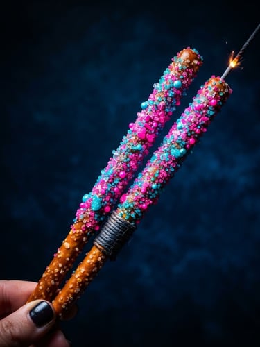 Macro close-up of vibrant neon pink and cyan decorated pretzel sparklers held diagonally like real sparklers against a deep midnight-blue background, dramatic high-contrast spotlighting