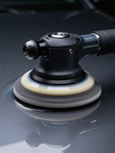 Macro close-up of a dual-action polisher on dark metallic paint, dual-spectrum LED lighting highlighting a perfect swirl-free correction line, sharp contrast, 35mm lens