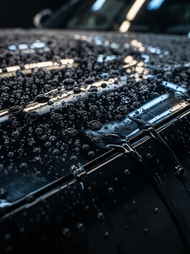 Extreme macro shot of water beading and sheeting off a freshly ceramic-coated dark vehicle hood, under dramatic LED detailing lights, high contrast, deep reflections, 35mm lens.