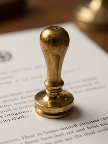 Macro close-up of a heavy brass notary public stamp resting on signed legal documents, soft warm desk lamp lighting, shallow depth of field.