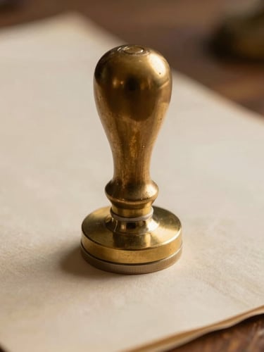 A close-up macro shot of a heavy brass notary stamp resting on thick parchment paper, warm desk lamp lighting, shallow depth of field.