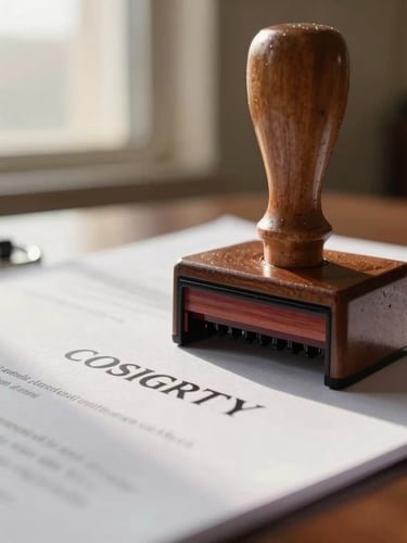Macro close-up of an official notary stamp touching a high-quality stamp paper under warm window light in a professional legal office.