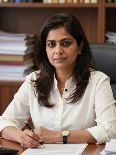 A professional portrait of Advocate Kinjal C. Patel in her Surat office, warm desk lighting, physical files and a fountain pen on parchment paper in the background, authoritative and approachable pose.