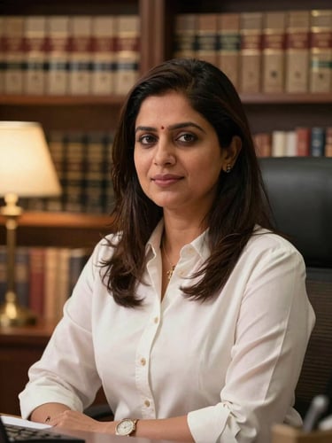 A professional portrait of Advocate Kinjal C. Patel in her Surat office, warm desk lamp lighting, bookshelves with legal volumes in the soft-focus background