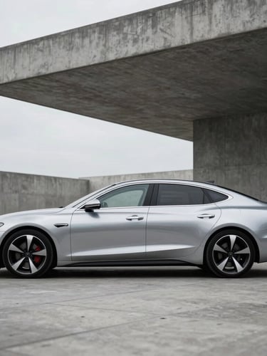 Sleek metallic silver executive sedan parked in front of a concrete minimalist architectural pavilion, overcast daylight, sharp reflections, shallow depth of field, 35mm